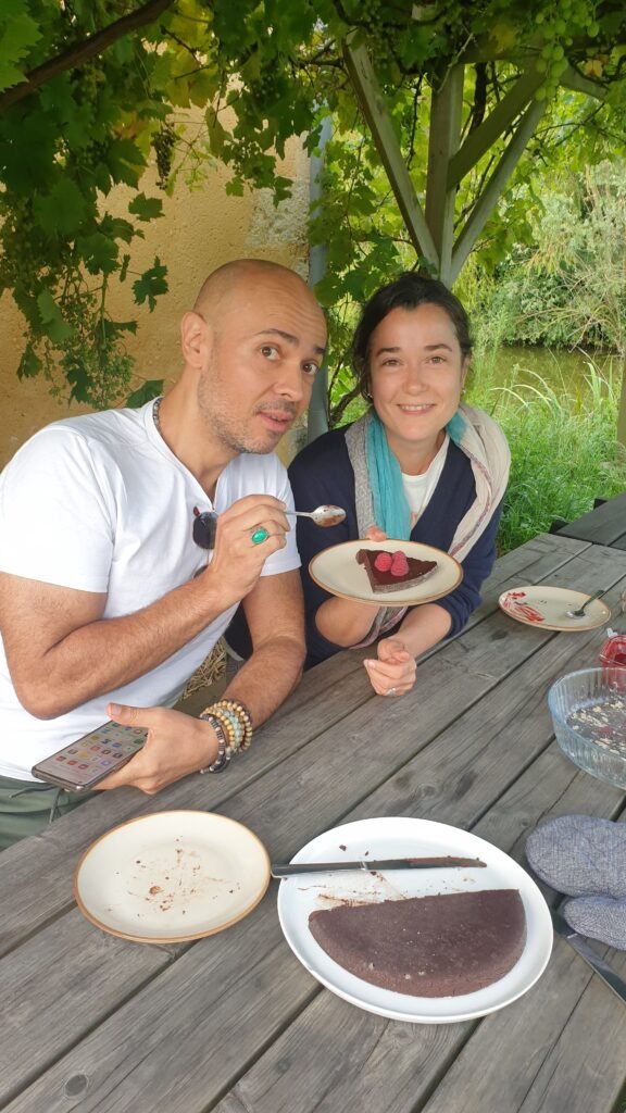 Friends eating at the farm